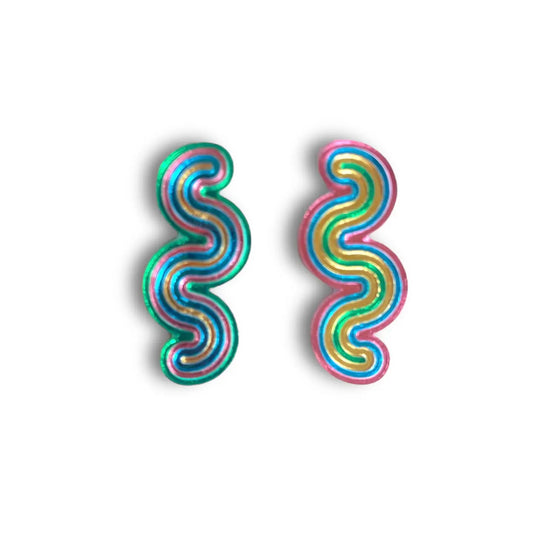 Groove Acrylic Stud Earrings with Wooden Back - Blue Green Pink & Gold Mirror