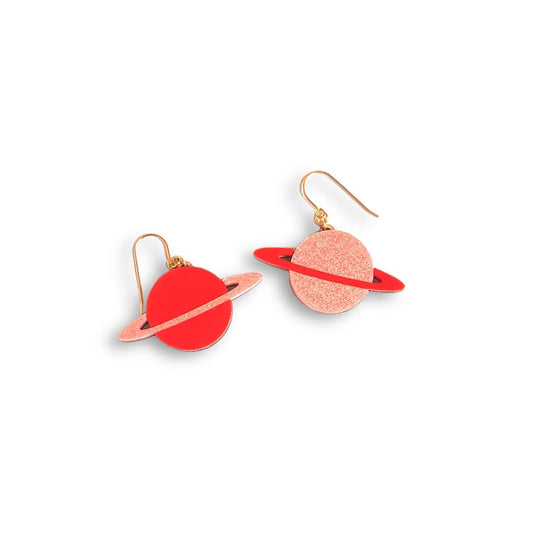 Saturn Acrylic Planet Dangle Earrings - Red & Pink Glitter