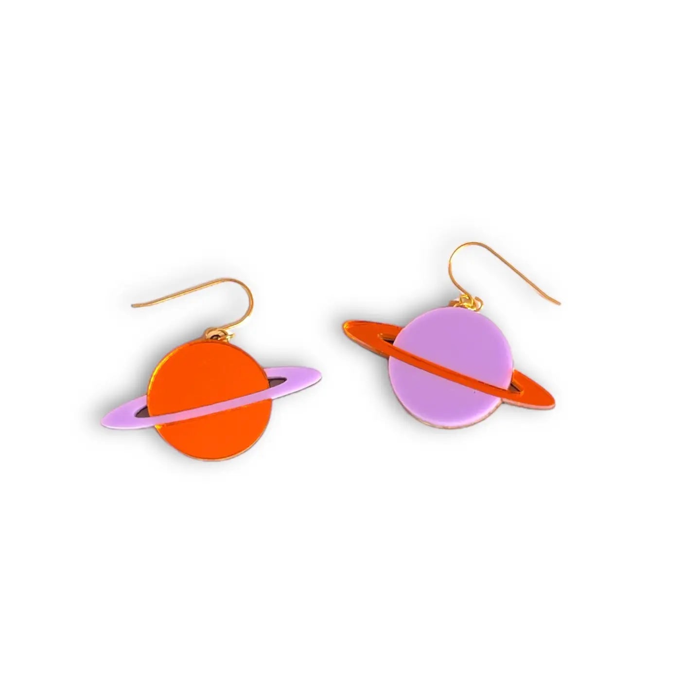 Saturn Acrylic Planet Dangle Earrings - Purple & Copper Mirror