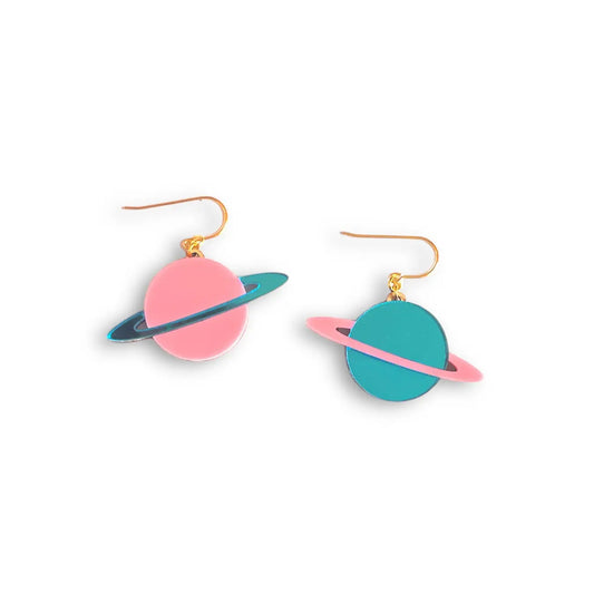 Saturn Acrylic Planet Dangle Earrings - Pink & Blue Mirror