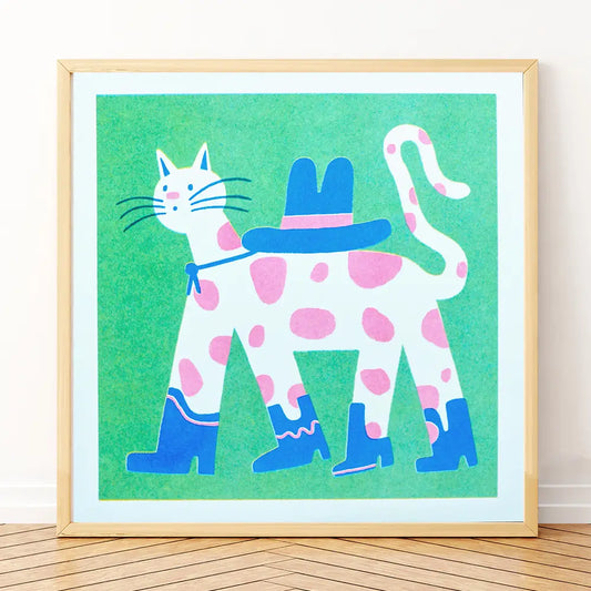 Cowboy Cat Square Risograph Art Print