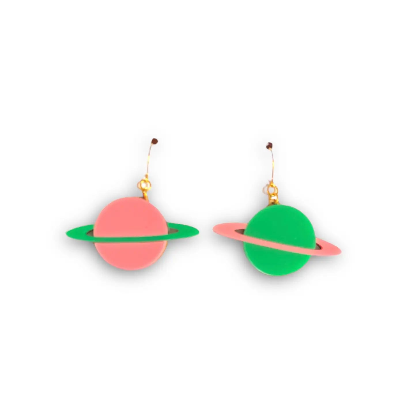 Saturn Acrylic Planet Dangle Earrings - Pink & Green