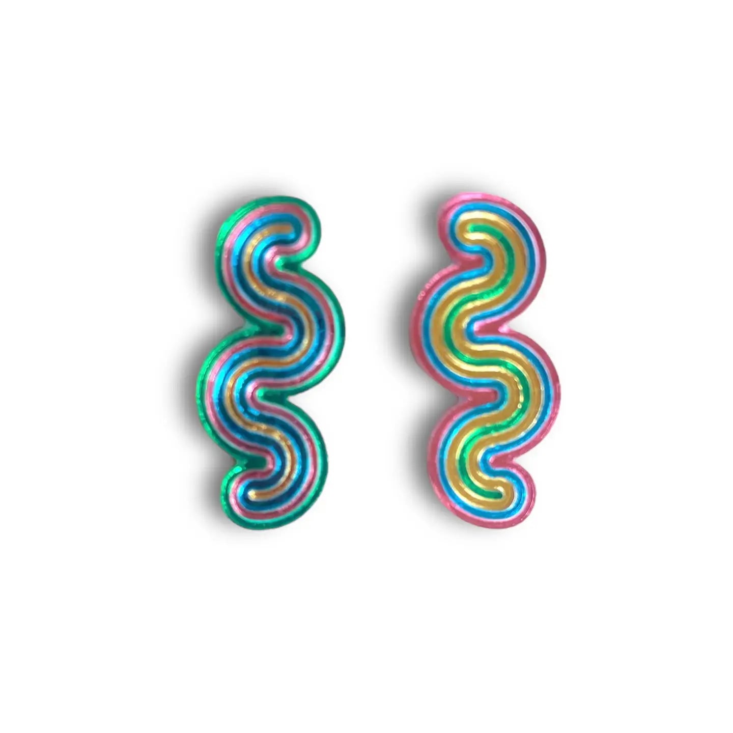 Groove Acrylic Stud Earrings with Wooden Back - Blue Green Pink & Gold Mirror