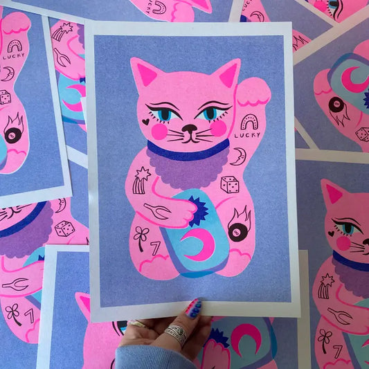 Lucky Cat A4 Risograph Print